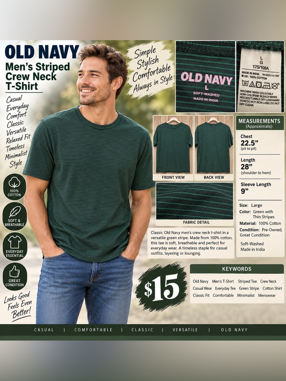 Old Navy Men's Short-Sleeve Crewneck Tee in Dark Green Stripe